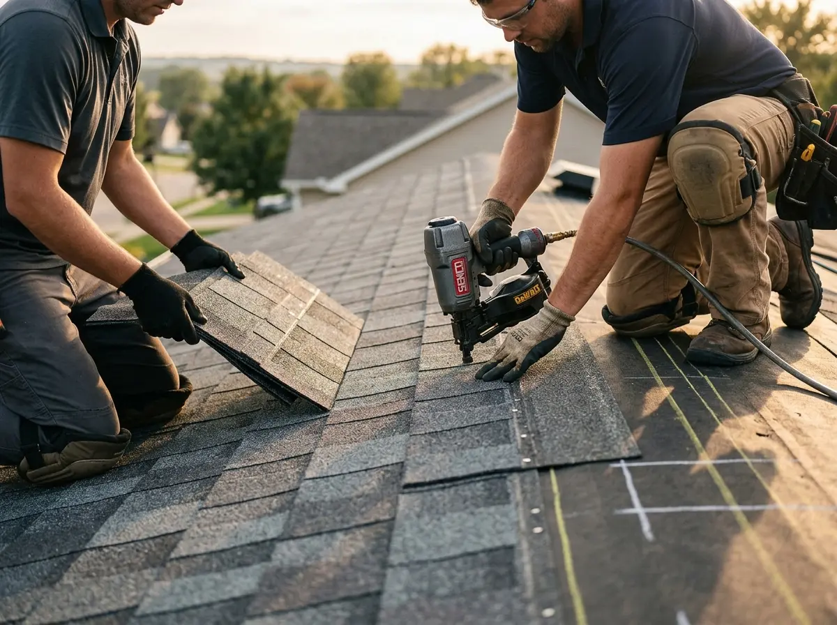 Professional roofer working on a residential roof in Galveston